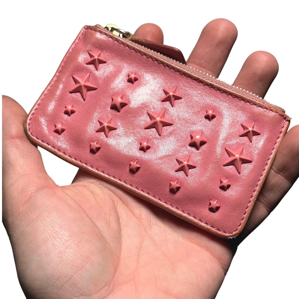 Jimmy‎ Choo Pink Leather Star Studded Nancy Coin Purse Key Pouch Made in Italy